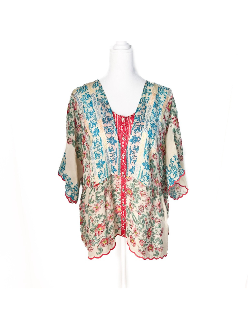 Johnny Was Floral Cupra Rayon Tunic Top Boho Resort Embroidered Sz L Romantic
